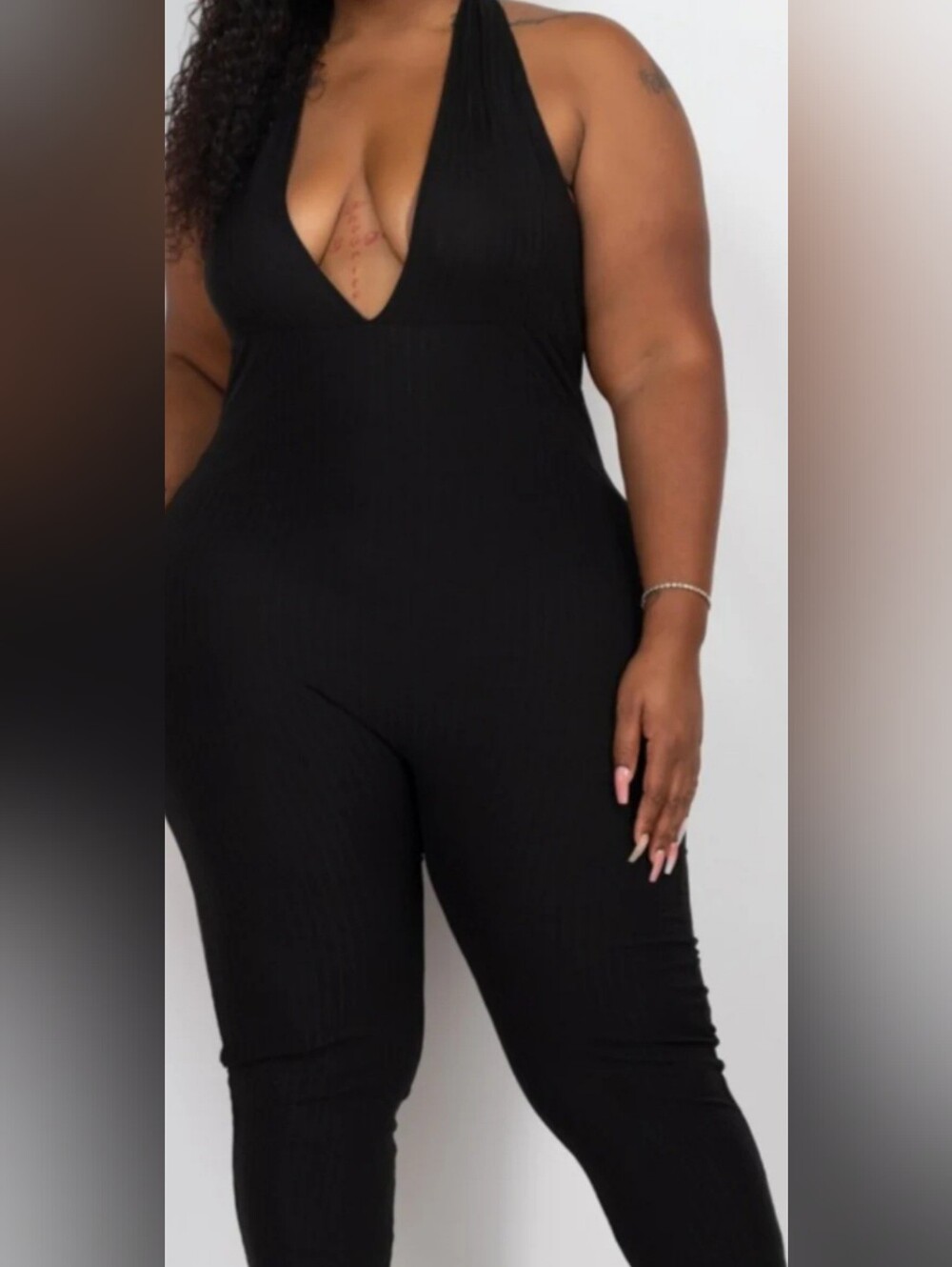 Curved Seam Black Halter Ribbed Jumpsuit